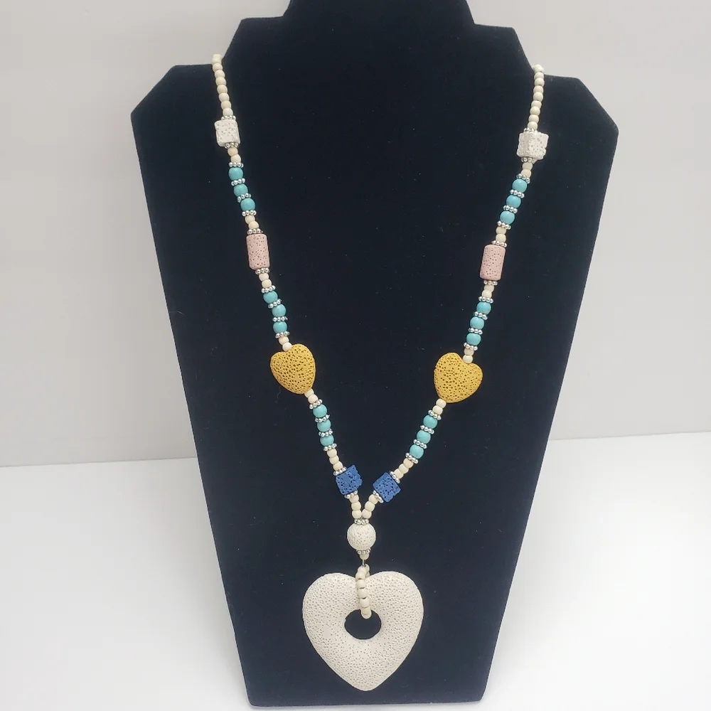 NEW Multi-Color Lava Rock and Howlite Necklace, Heart Lava Rock Charm - Picture 4 of 4